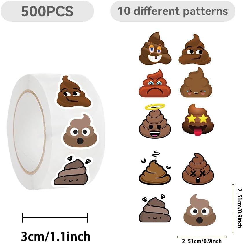 500PCS Poop Stickers 10 Styles Sticker Rolls Funny Meme Stickers Poop Party Favors Waterproof Vinyl Stickers(500 Per Roll)