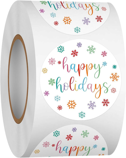 Heyfibro 500 Pcs 1.5 Inch Happy Holidays Stickers Christmas Sticker Roll for Envelopes,Gift Packing,Cards,Party Supplies (Snowflake)