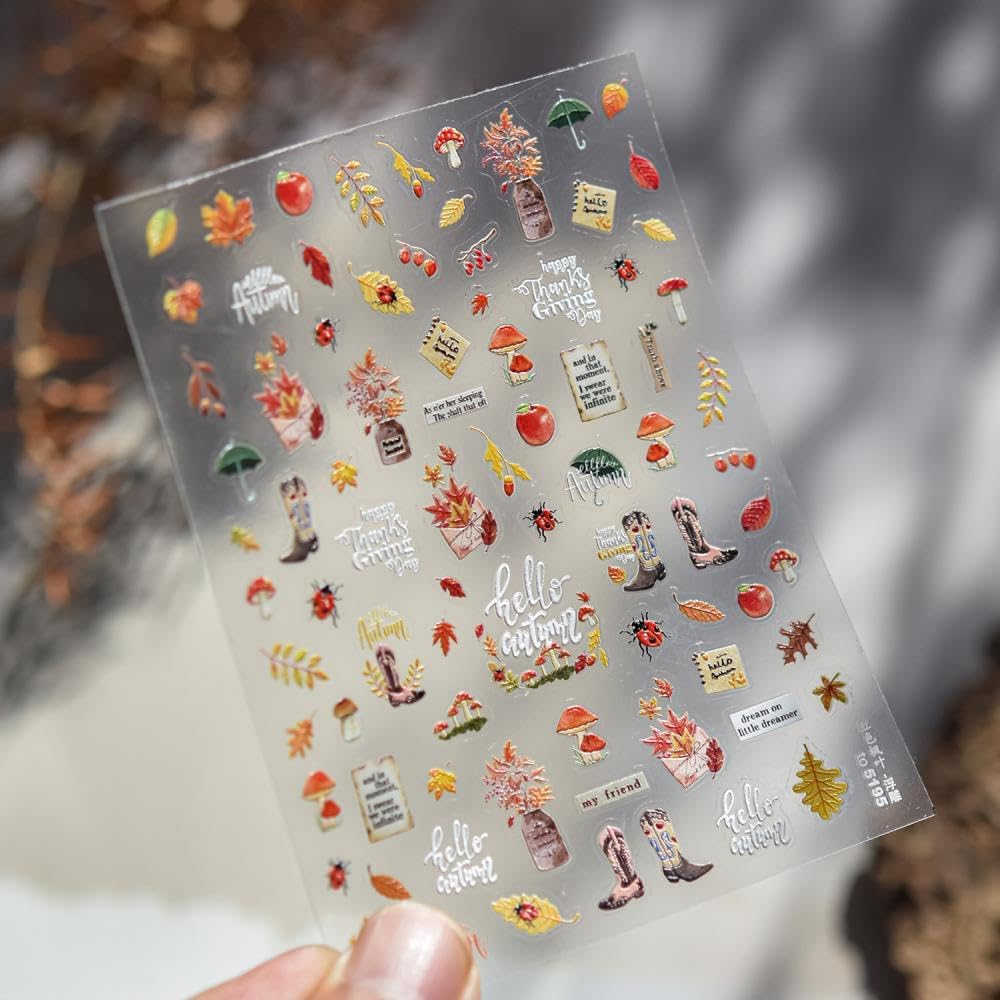 Maple Nail Stickers Leaf Mushroom Nail Decals 3D Self-Adhesive Boots Envelope Nails Designs 5D Embossed Animals Plants Insects Nails Supplies for Women Holiday DIY Manicure 1 Sheet