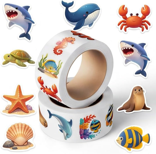 Ocean Animal Stickers 1000 Pack, 2 Rolls, 16 Unique Designs
