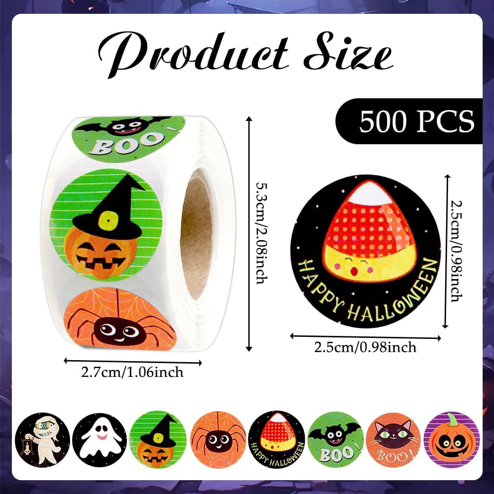 Halloween Stickers for Adults, 500PCS Round Happy Halloween Roll, Self Adhesive Spider Pumpkin Bat Seals Label Sticker Decals for Cards Gift Envelopes Crafts Holiday Halloween Party Favors Decorations