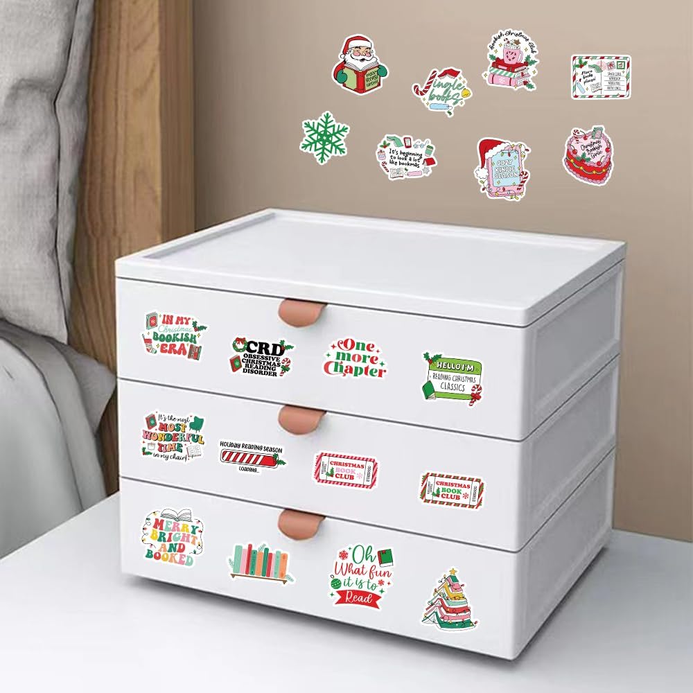 107Pcs Christmas Bookish Stickers Pack, Xmas Waterproof Vinyl Holiday Decals for Kindle, Water Bottles, Laptop, Cards, Scrapbook, Journal, Reading Gifts, Book Lover Gifts, Christmas Party Favors