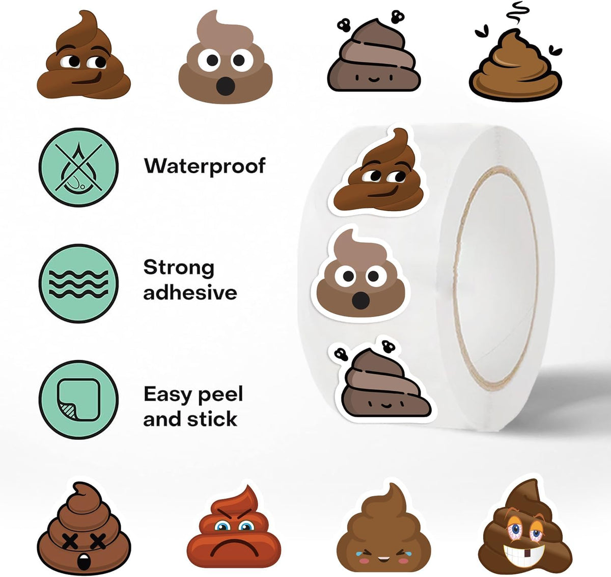 500PCS Poop Stickers 10 Styles Sticker Rolls Funny Meme Stickers Poop Party Favors Waterproof Vinyl Stickers(500 Per Roll)