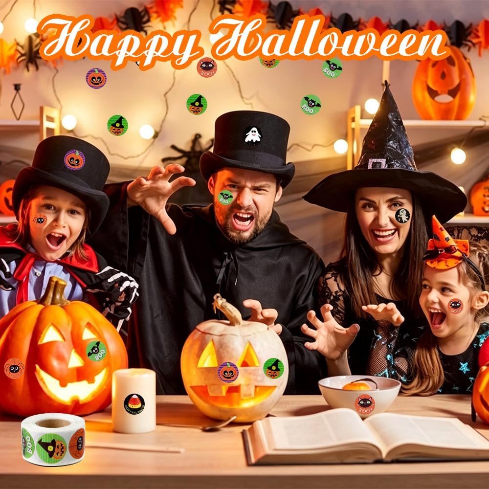 Halloween Stickers for Adults, 500PCS Round Happy Halloween Roll, Self Adhesive Spider Pumpkin Bat Seals Label Sticker Decals for Cards Gift Envelopes Crafts Holiday Halloween Party Favors Decorations
