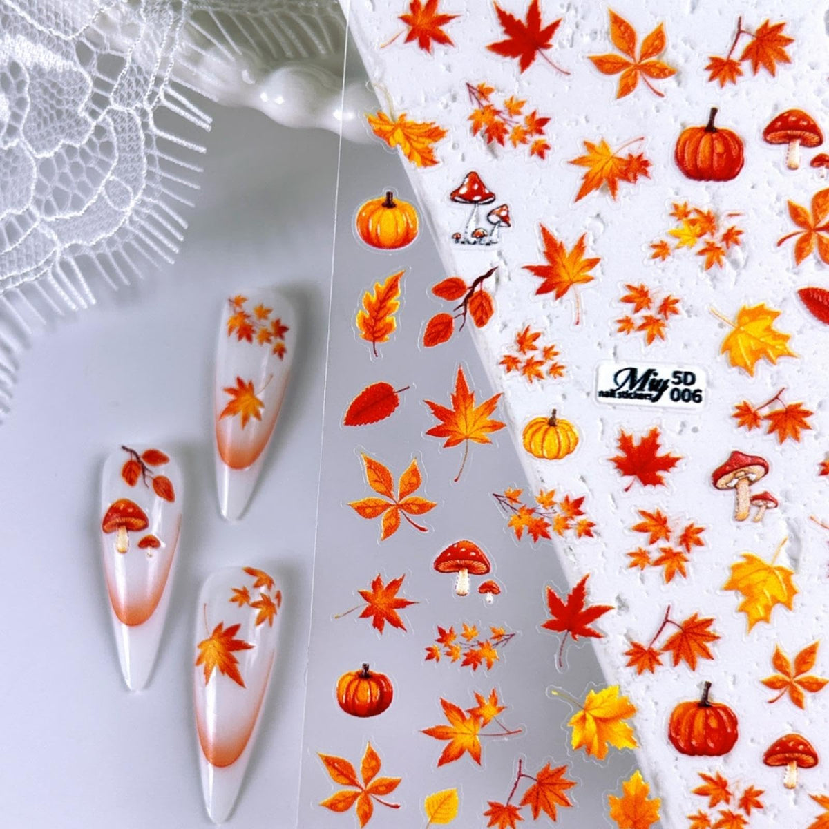 Maple Nail Stickers Leaf Mushroom Nail Decals 3D Self-Adhesive Boots Envelope Nails Designs 5D Embossed Animals Plants Insects Nails Supplies for Women Holiday DIY Manicure 1 Sheet