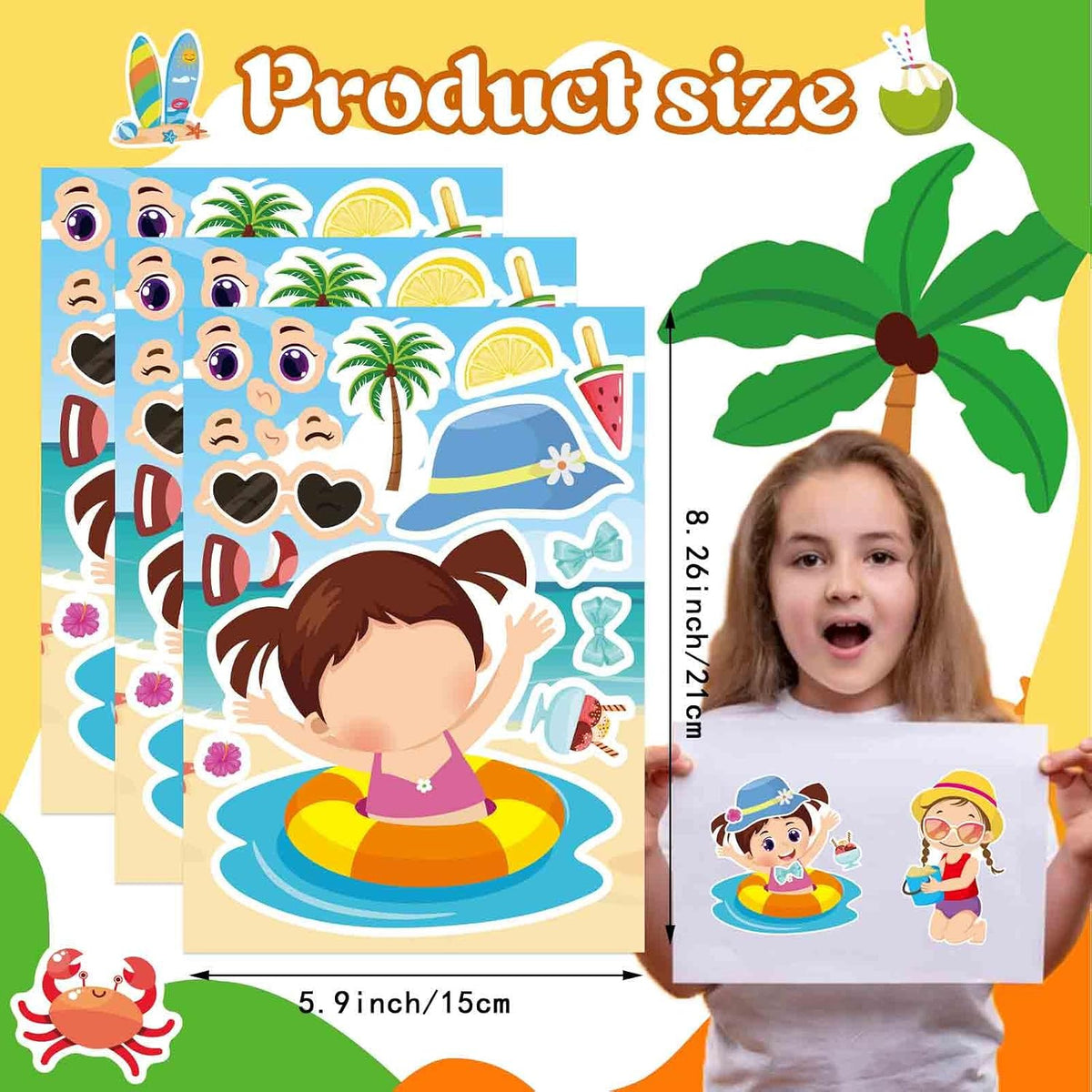 24PCS Summer Stickers for Kids, Make-a-face Stickers, Make Your Own Sticker