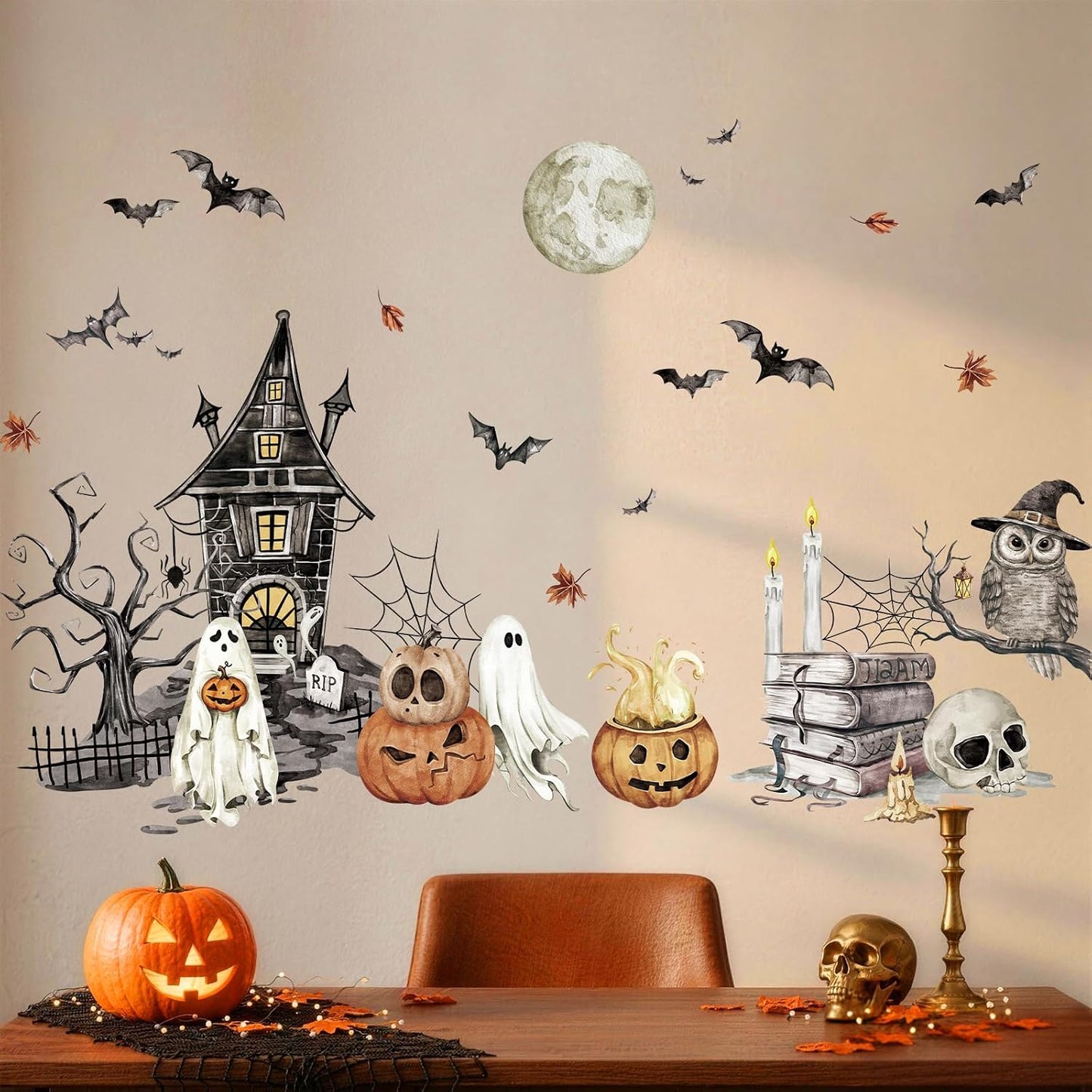 SHUCHING Halloween Castle Ghost Wall Decal, Bat Pumpkin Wall Sticker