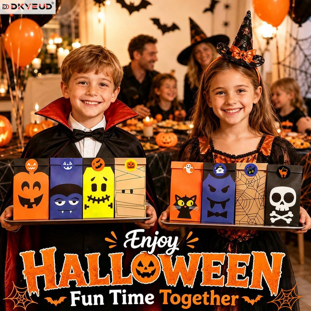 DKYEUD 32 Pcs Halloween Paper Candy Bags with 36 Stickers, 8 Designs, for Trick or Treat, Halloween Party Favors, Snacks, Cookies, Gift Packaging and Holiday Decor