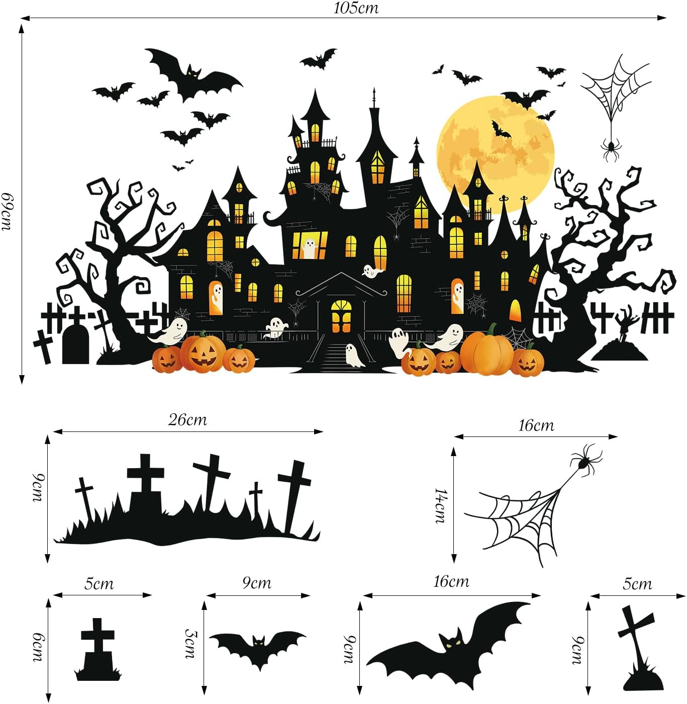 SHUCHING Halloween Black Castle Wall Decal, Bat Pumpkin Wall Sticker
