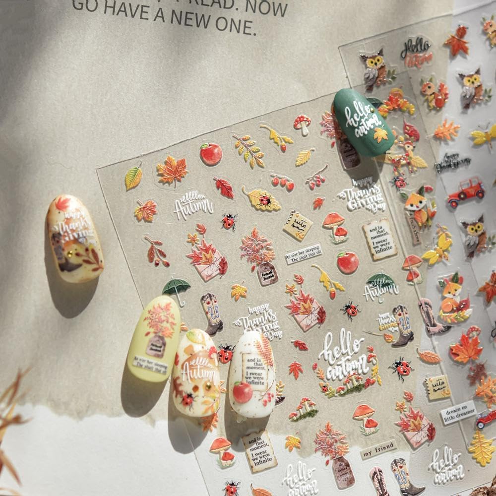 Maple Nail Stickers Leaf Mushroom Nail Decals 3D Self-Adhesive Boots Envelope Nails Designs 5D Embossed Animals Plants Insects Nails Supplies for Women Holiday DIY Manicure 1 Sheet