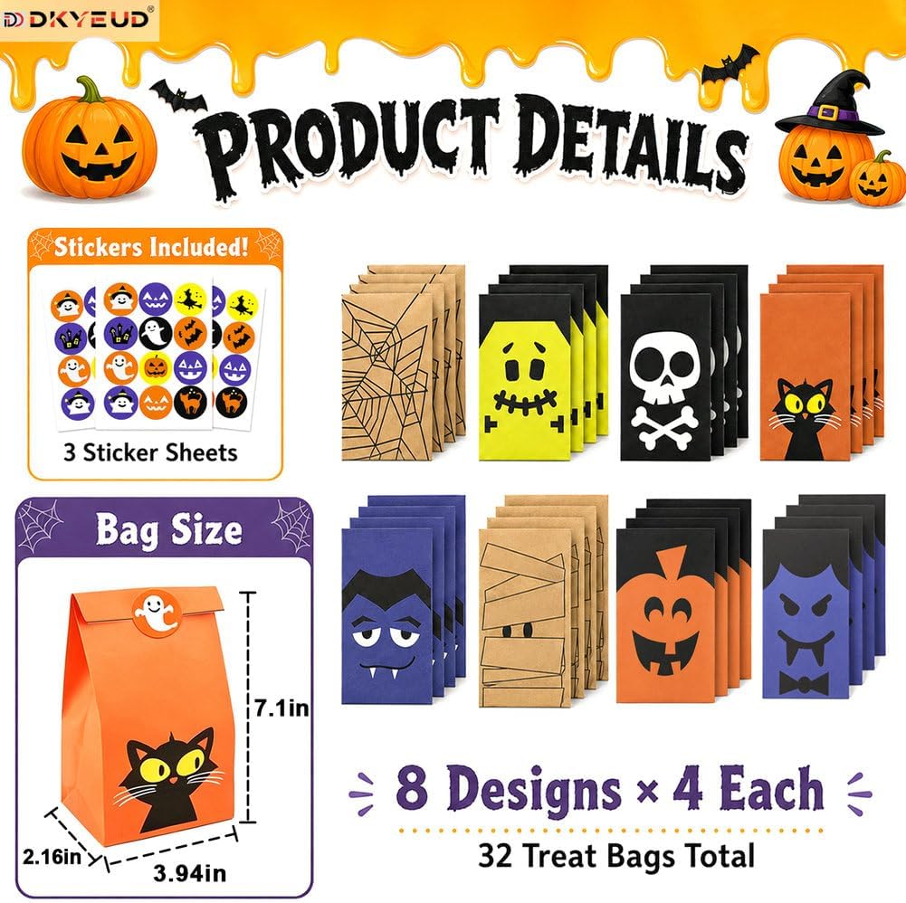 DKYEUD 32 Pcs Halloween Paper Candy Bags with 36 Stickers, 8 Designs, for Trick or Treat, Halloween Party Favors, Snacks, Cookies, Gift Packaging and Holiday Decor