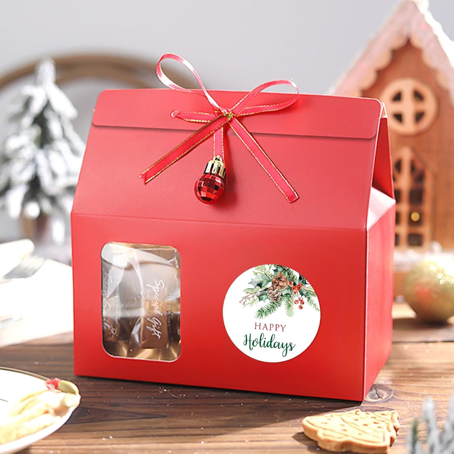 G2PLUS Happy Holiday Stickers - 120 Pcs Christmas Holiday Stickers, 2'' Round Xmas Holly Berry Labels Winter Seasonal Envelopes Seals