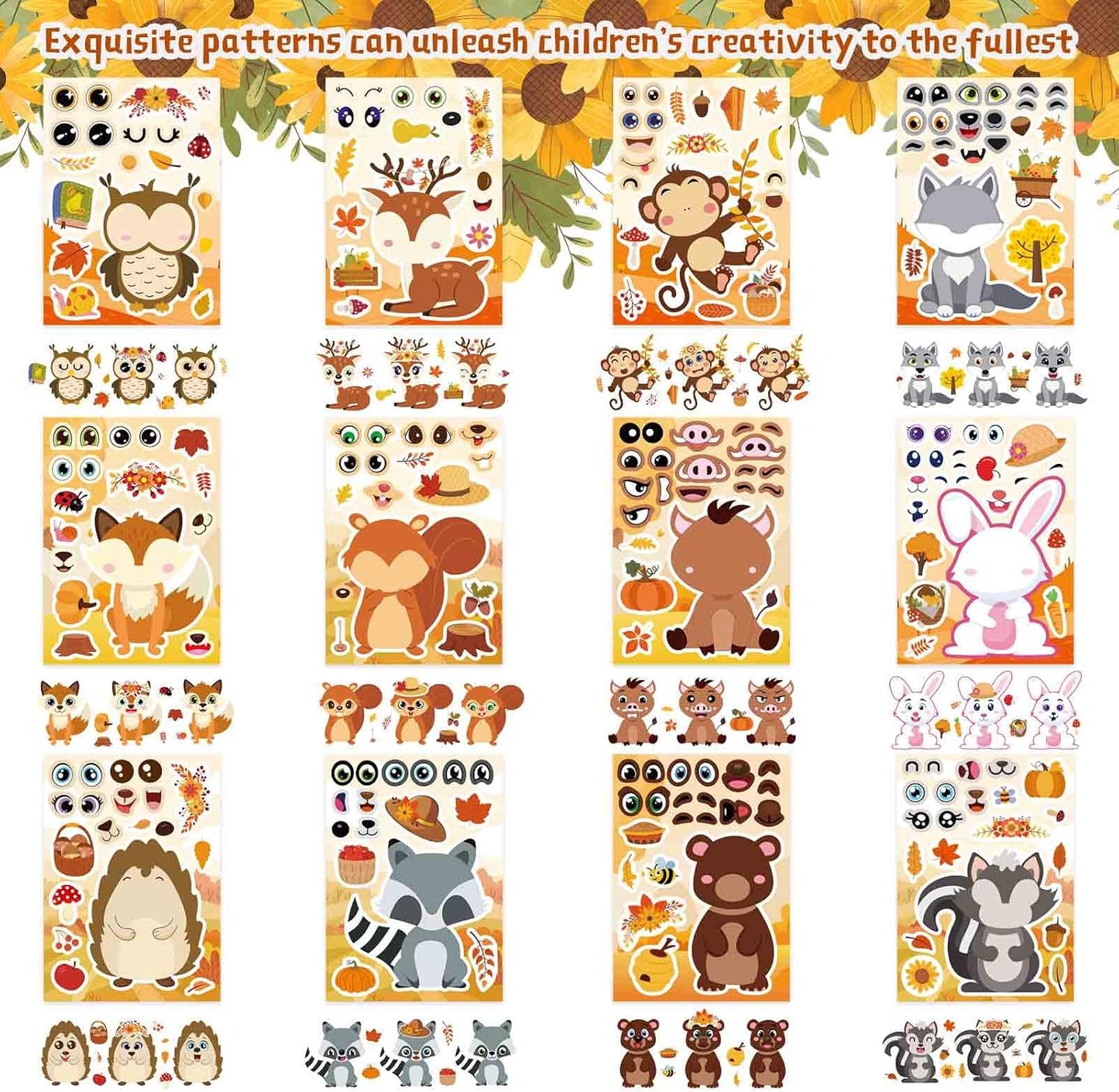 Fall Stickers for Kids Toddlers, Autum Animal Stickers Make-a-face Sticker