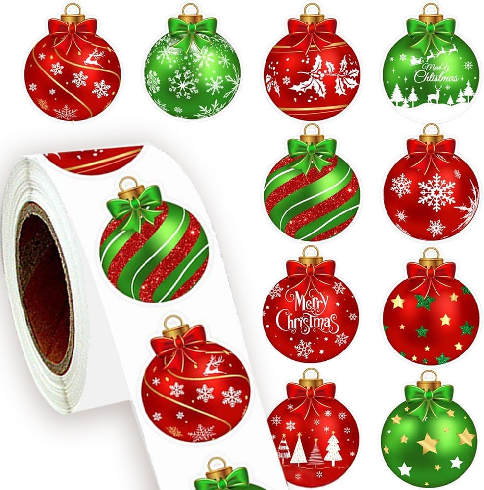 500Pcs Christmas Bauble Stickers Roll 1.2in Winter Xmas Bell Sticker