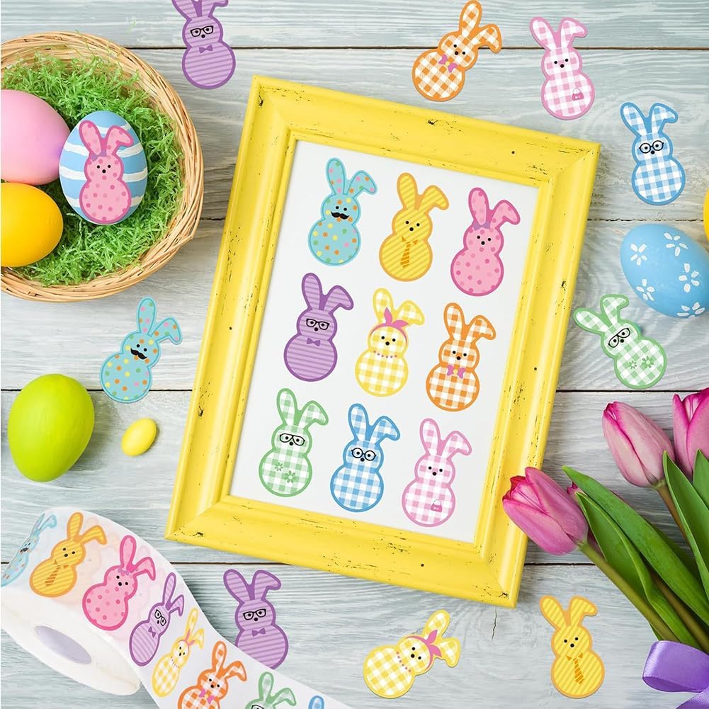 500Pcs Easter Stickers 1.2in Spring Happy Easter Bunny Stickers Roll 9 Designs Waterproof Self-Adhesive Rabbit Sticker for Holiday Party Envelopes Scrapbook Decorations Supplies