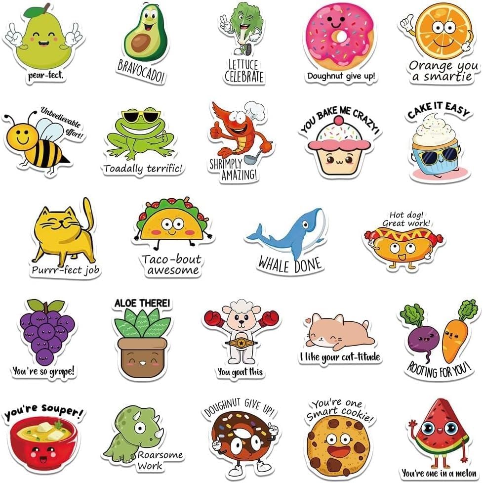 50PCS Punny Motivational Reward Stickers, Fun Funny Cute Bulk Stickers for Kids Classroom Adults, Waterproof Vinyl Decals for Water Bottle Laptop Planner Book Scrapbook, Teacher Prizes, Small Business