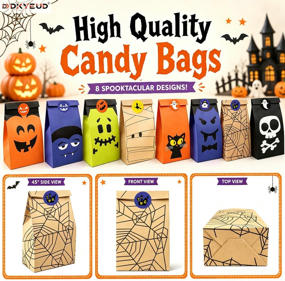 DKYEUD 32 Pcs Halloween Paper Candy Bags with 36 Stickers, 8 Designs, for Trick or Treat, Halloween Party Favors, Snacks, Cookies, Gift Packaging and Holiday Decor