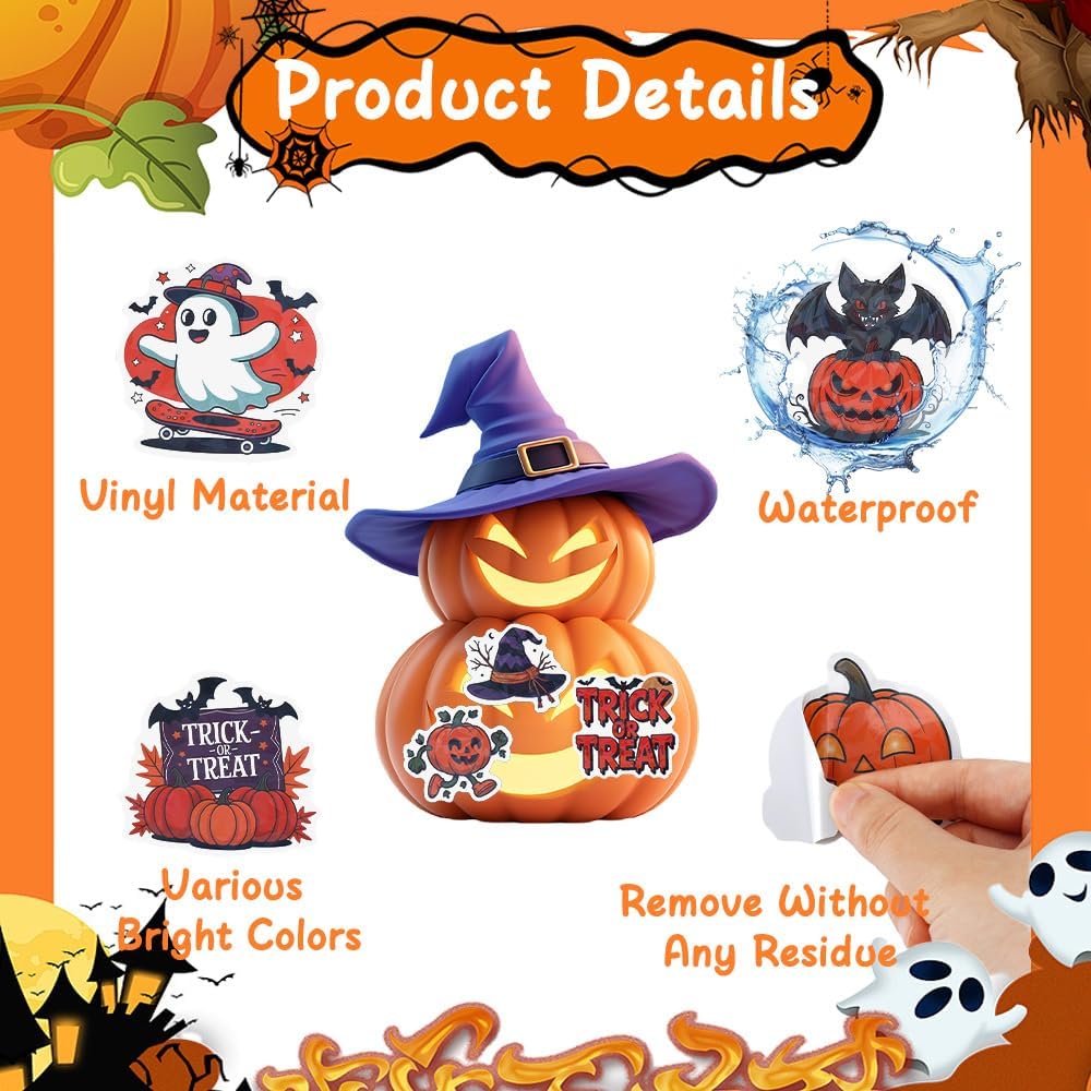 Halloween Stickers, 100Pcs Self Adhesive Halloween Stickers Bulk, Waterproof Vinyl Pumpkin Ghost Sticker Decals for Scrapbooking Envelopes DIY Crafts Holiday Trick or Treat Halloween Party Decorations
