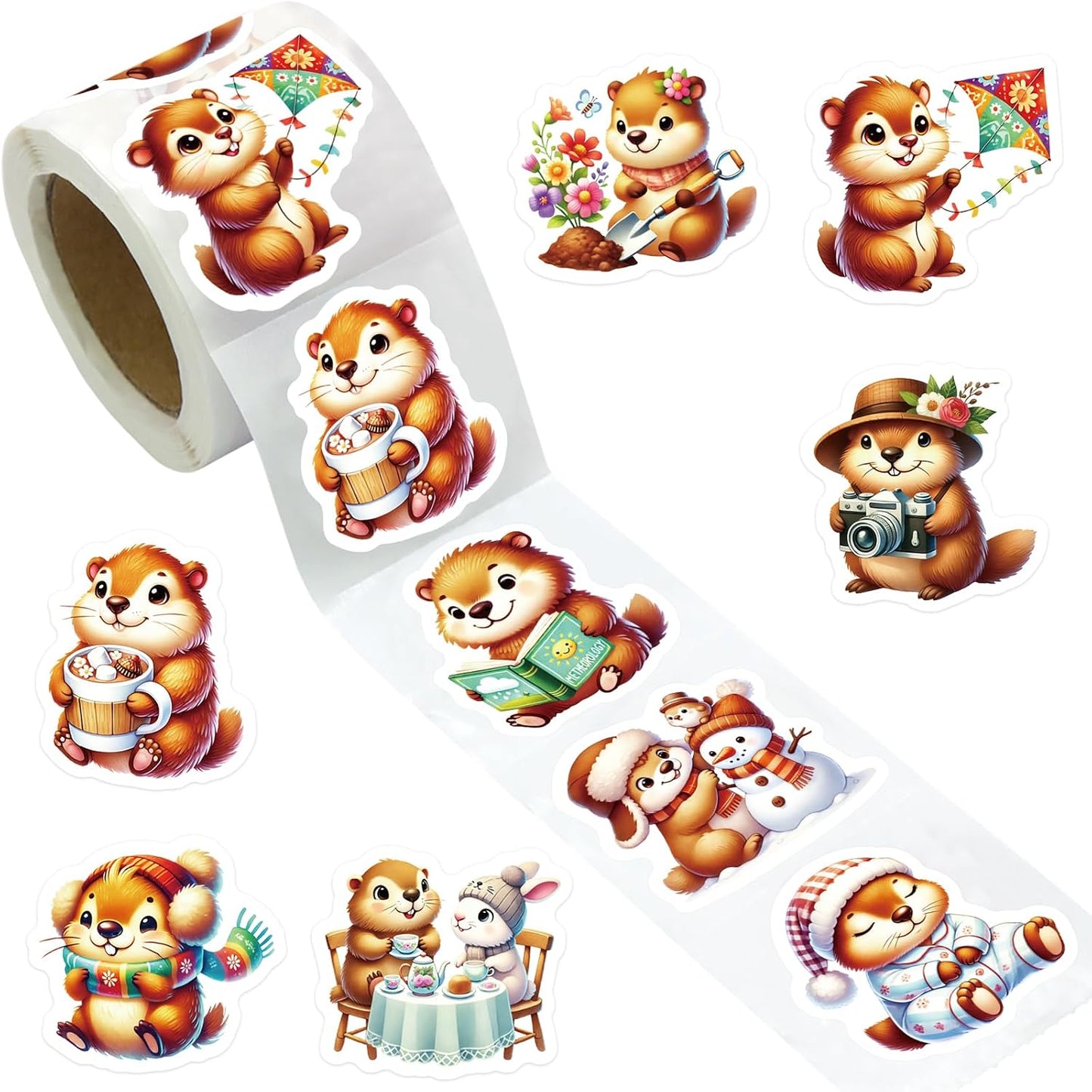 Fancy Land Groundhog Stickers Roll Happy Groundhog Day Sticker Decals Perforated for Spring Scrapbook Journal DIY Crafts Classroom Rewards Holiday Party Gift Bag Decorations 200Pcs