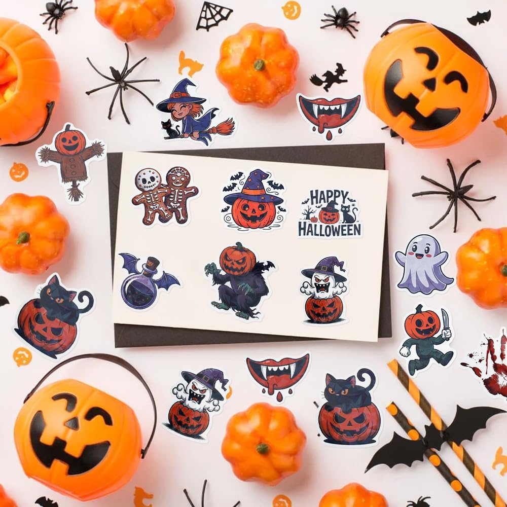 Halloween Stickers, 100Pcs Self Adhesive Halloween Stickers Bulk, Waterproof Vinyl Pumpkin Ghost Sticker Decals for Scrapbooking Envelopes DIY Crafts Holiday Trick or Treat Halloween Party Decorations