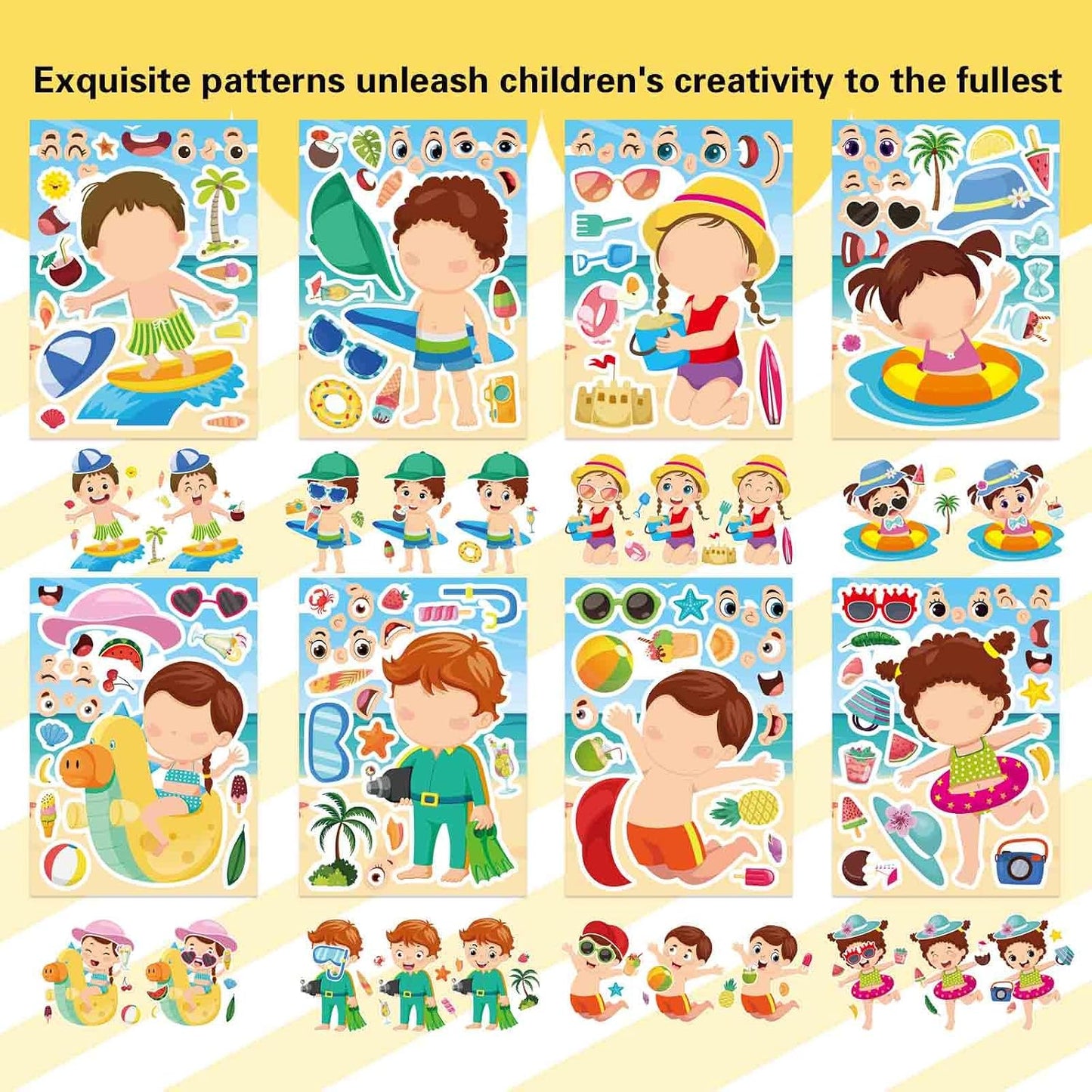 24PCS Summer Stickers for Kids, Make-a-face Stickers, Make Your Own Sticker