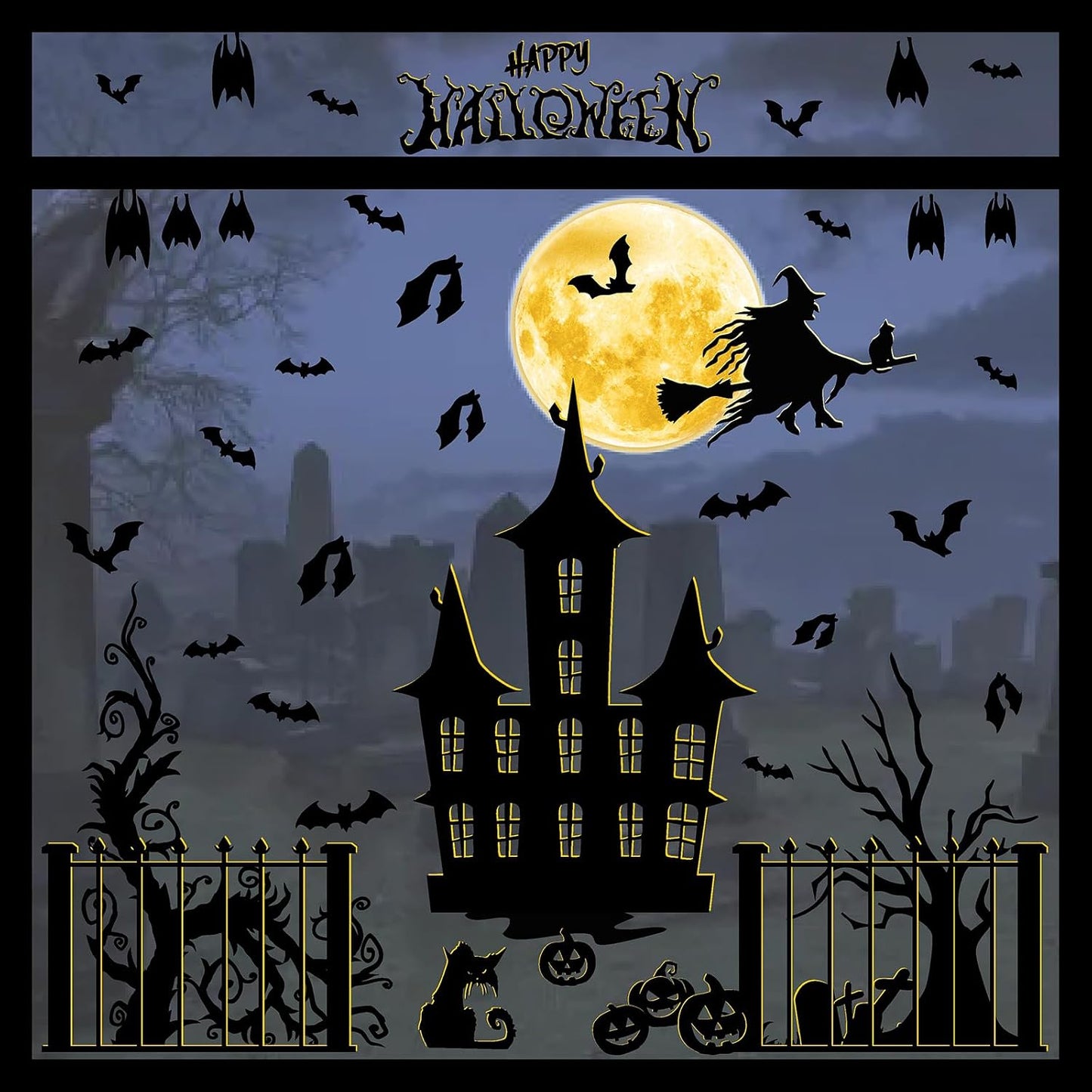 Halloween Moon Bat Wall Decals Witch Haunted House Tree Wall Stickers Decor