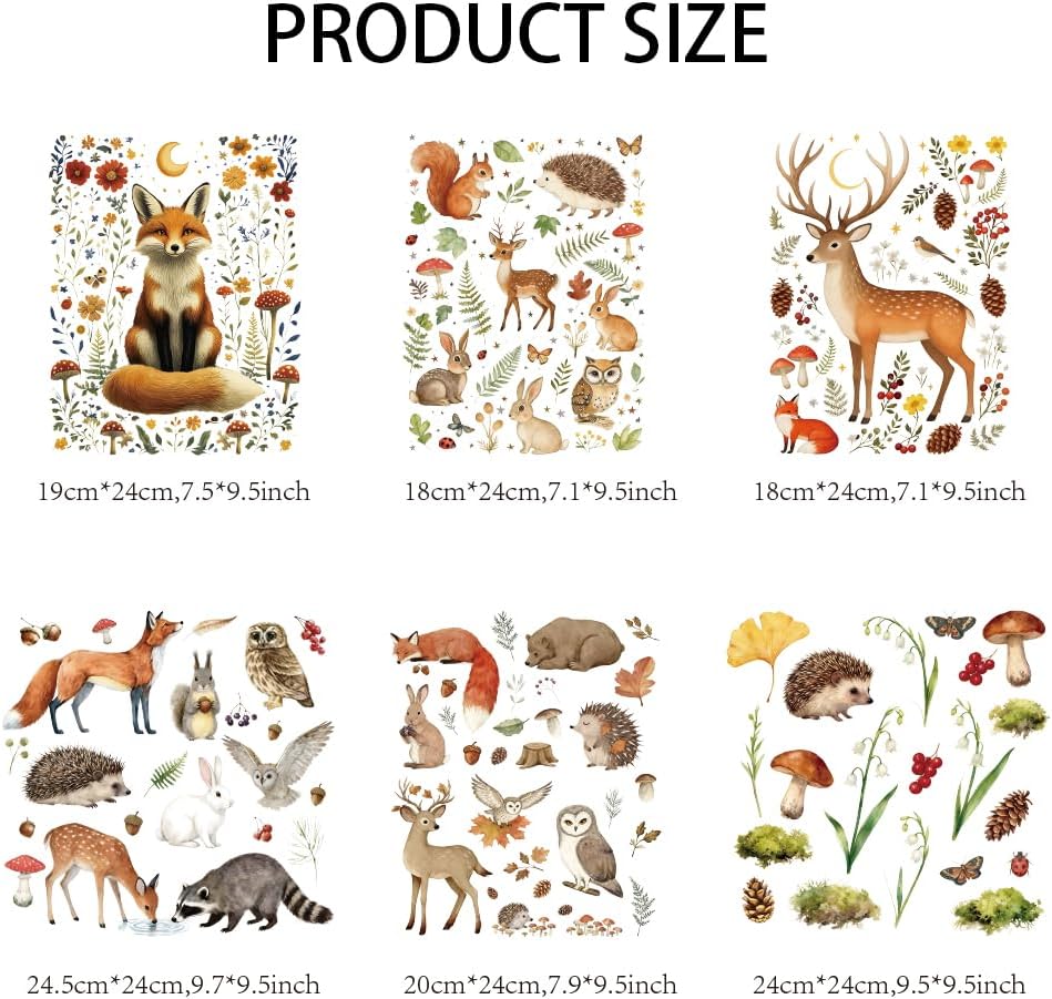 arricraft 6 Sheets Animals and Plants Theme Iron on Decals Patches, Forest Animals Plants and Flowers Patterns Transfer Stickers PET Washable Patches for DIY Clothes Decor, 9.45 inch(24cm) Long