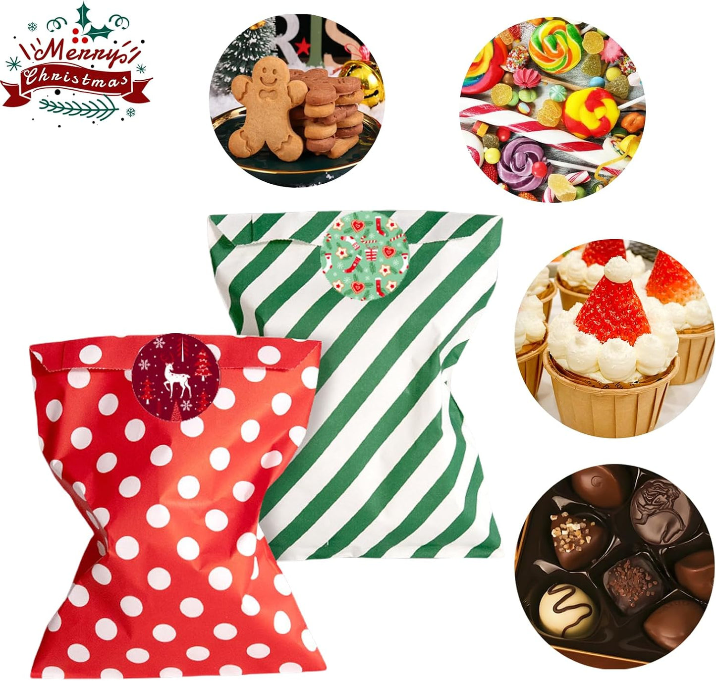 SIMSHOTUS 24 Pcs 5 x 7 Inches Christmas Treat Goodie Bags with 24 Pcs Seal Stickers,Christma Snack Bag,Kraft Paper Gift Bags for Holiday,Buffet Paper Bag,Holiday Christmas Party Favors