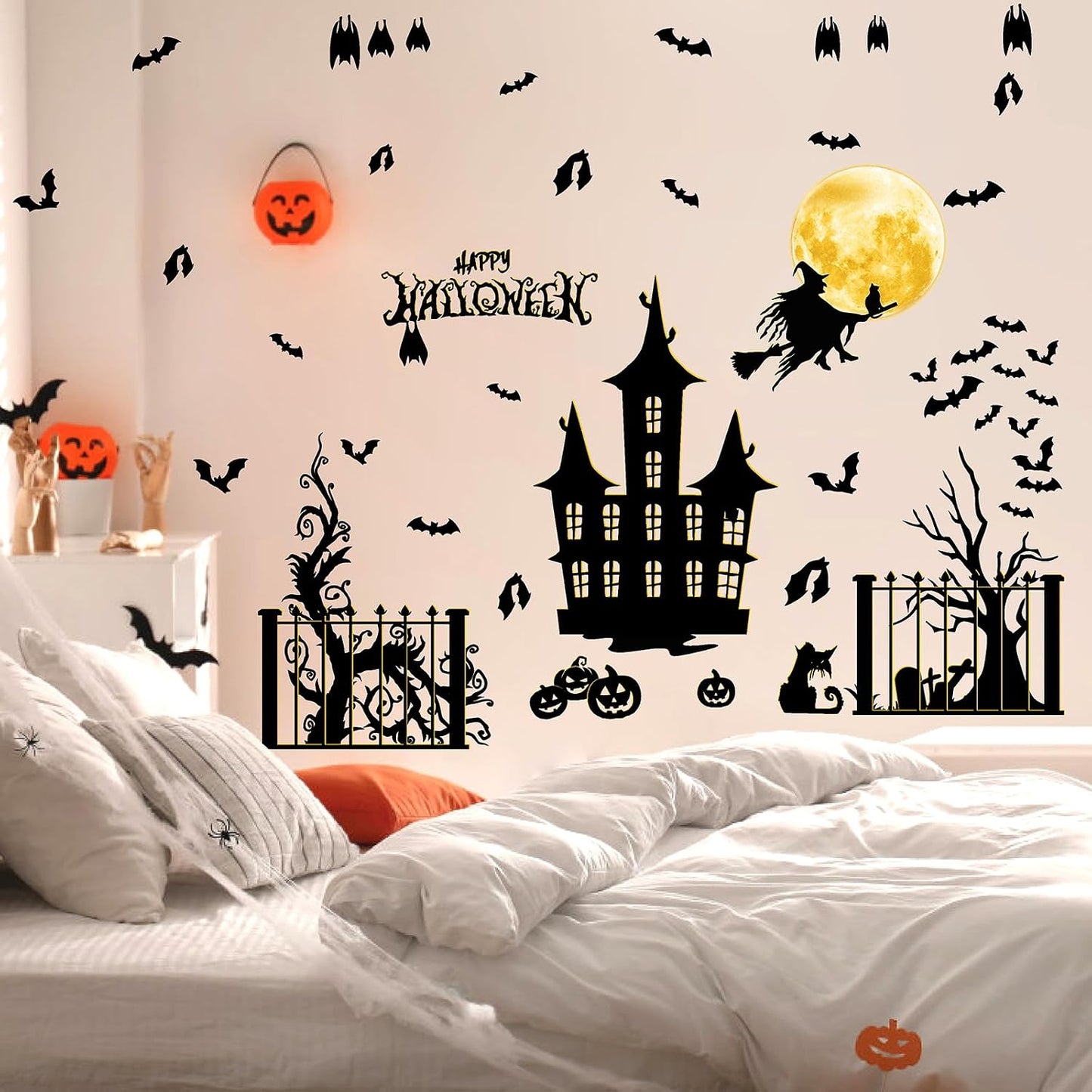 Halloween Moon Bat Wall Decals Witch Haunted House Tree Wall Stickers Decor
