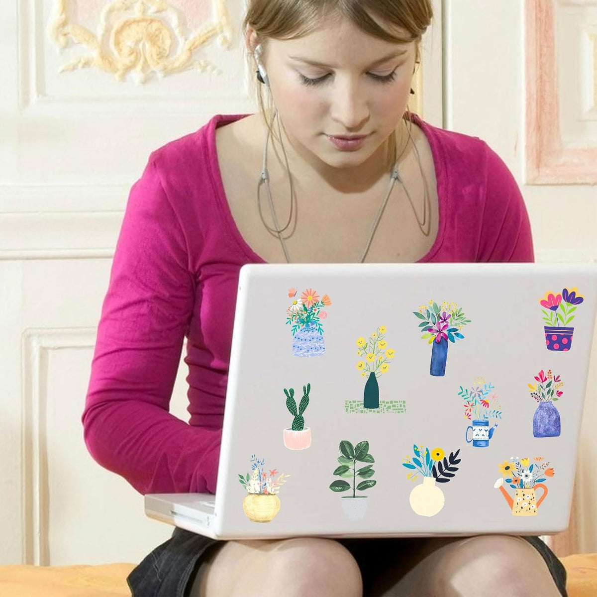 50 Pcs Green Plants PET Stickers Potted Plant Floral Sticker for Laptops Water Bottles Flower Pots Vases Decorative Phone Book Guitar Vinyl Decals for Kids Teens Adults (Plant)