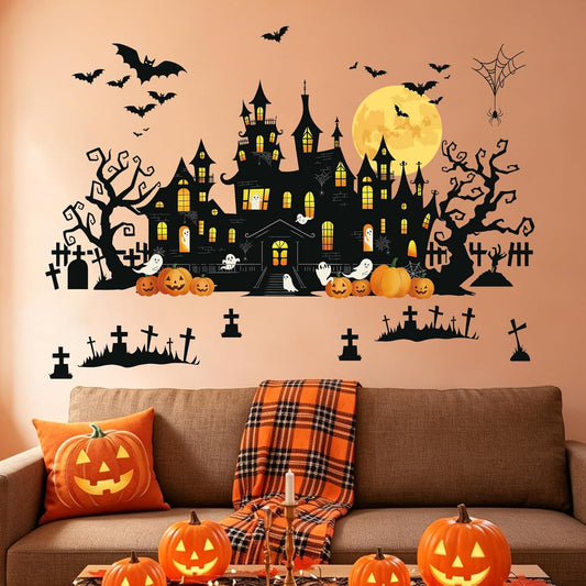 SHUCHING Halloween Black Castle Wall Decal, Bat Pumpkin Wall Sticker
