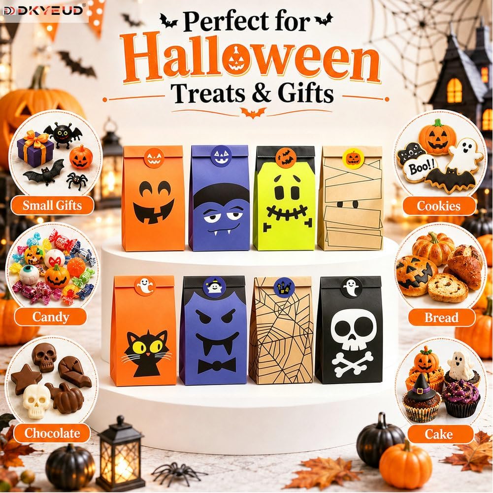 DKYEUD 32 Pcs Halloween Paper Candy Bags with 36 Stickers, 8 Designs, for Trick or Treat, Halloween Party Favors, Snacks, Cookies, Gift Packaging and Holiday Decor