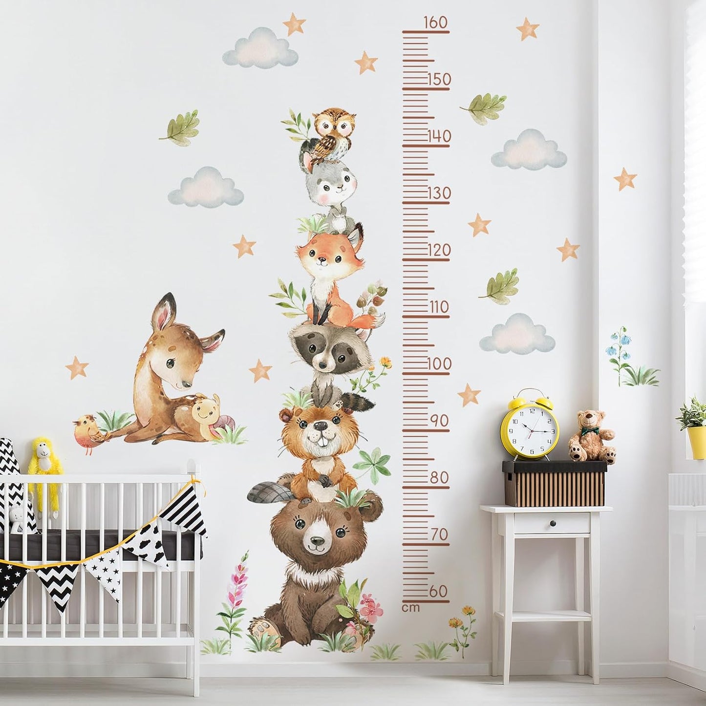 Cartoon Animal Height Growth Chart Wall Sticker for Kids Room Jungle Wild Animals Height Chart Measurement Wall Decals Removable White Clouds Star Garden Plants Grass Wall Murals for Kids Nursey Decor