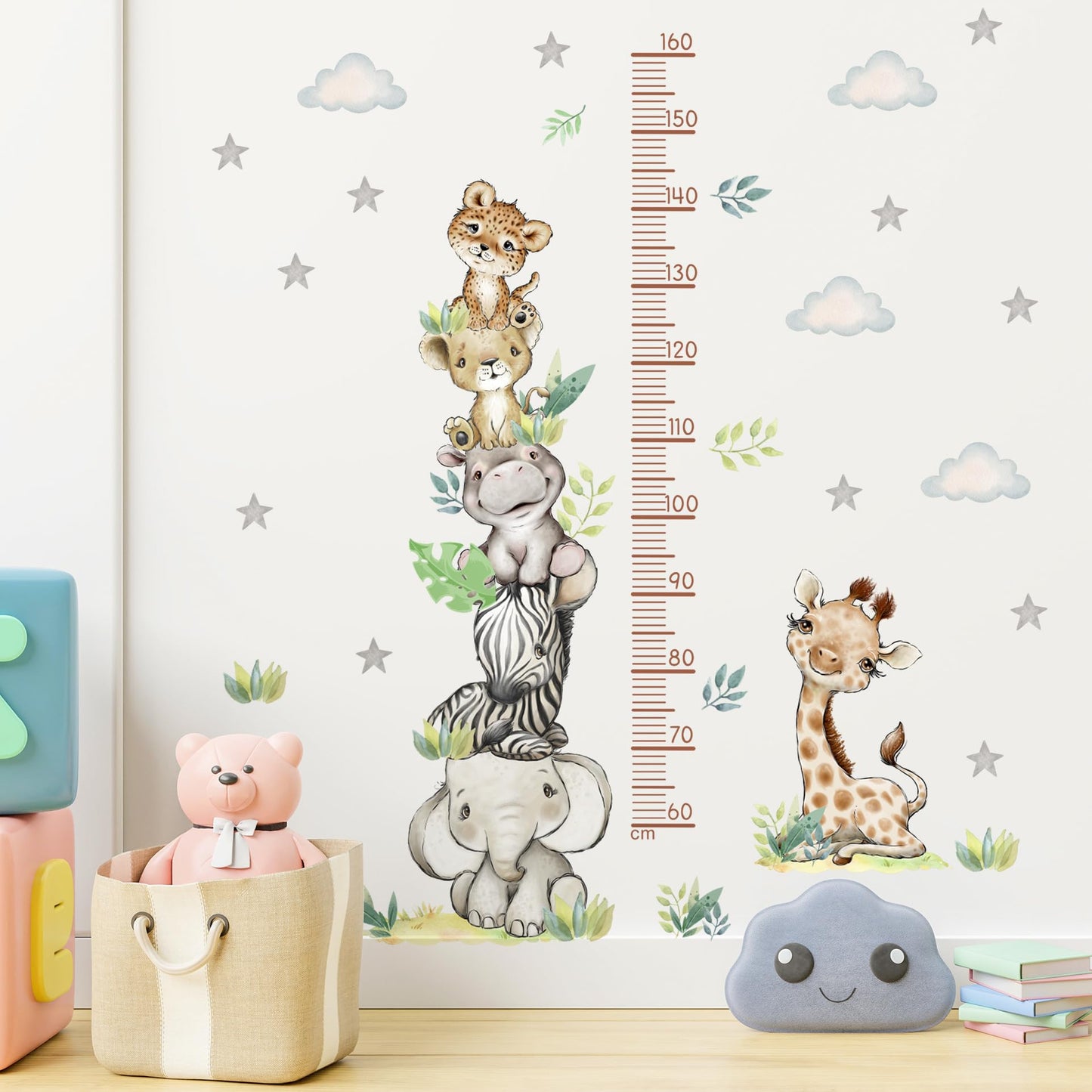 Cartoon Animal Height Growth Chart Wall Sticker for Kids Room Jungle Wild Animals Height Chart Measurement Wall Decals Removable White Clouds Star Garden Plants Grass Wall Murals for Kids Nursey Decor