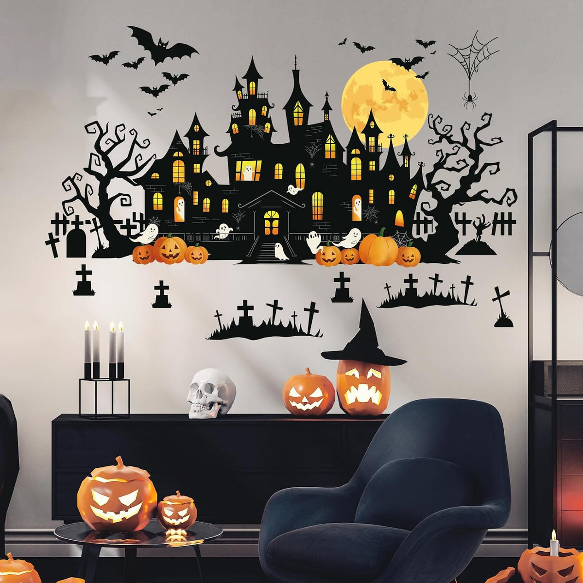 SHUCHING Halloween Black Castle Wall Decal, Bat Pumpkin Wall Sticker