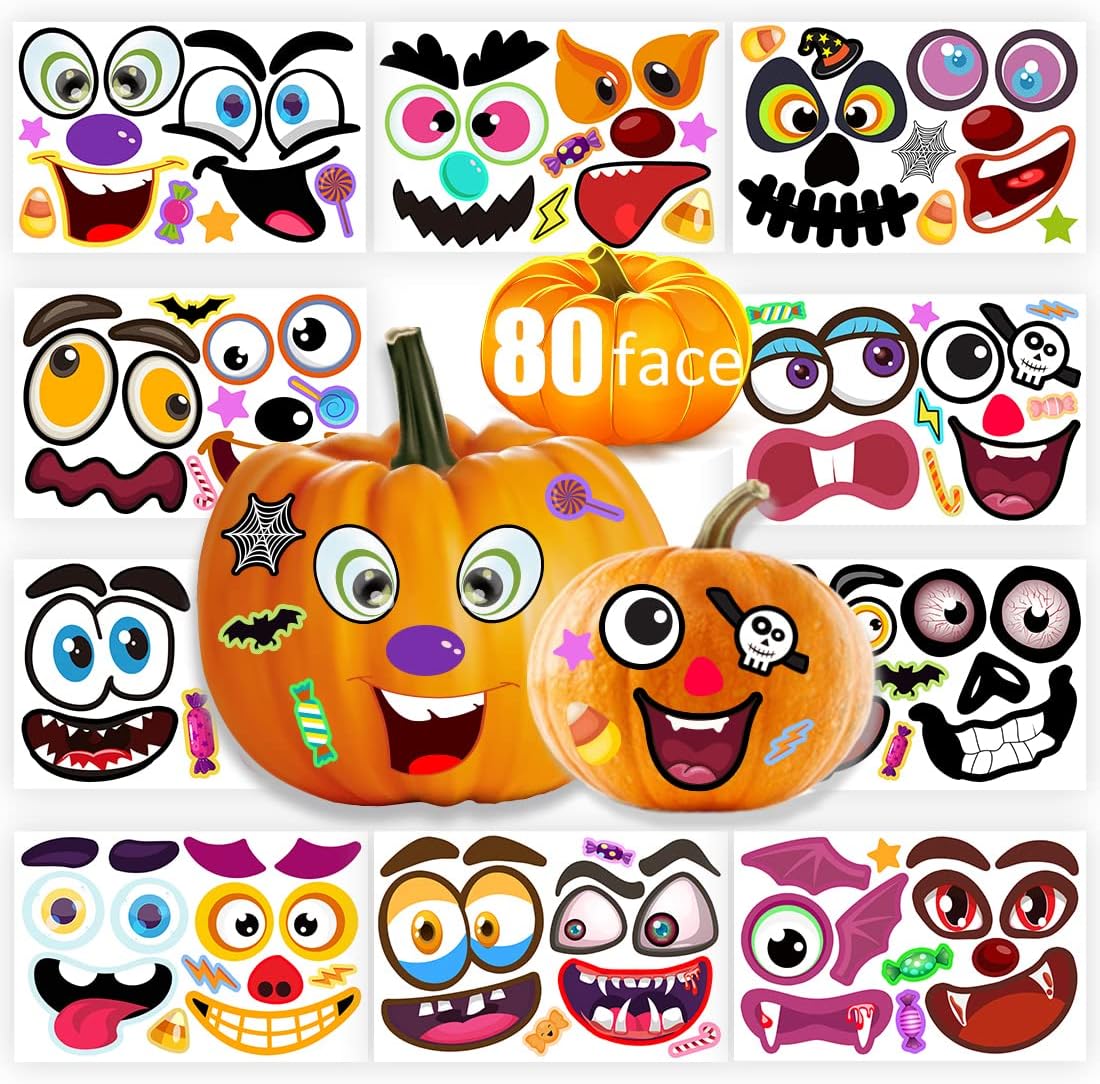 80 Packs Pumpkin Decorating Kit - Make Pumpkin Face Stickers in 20 Designs