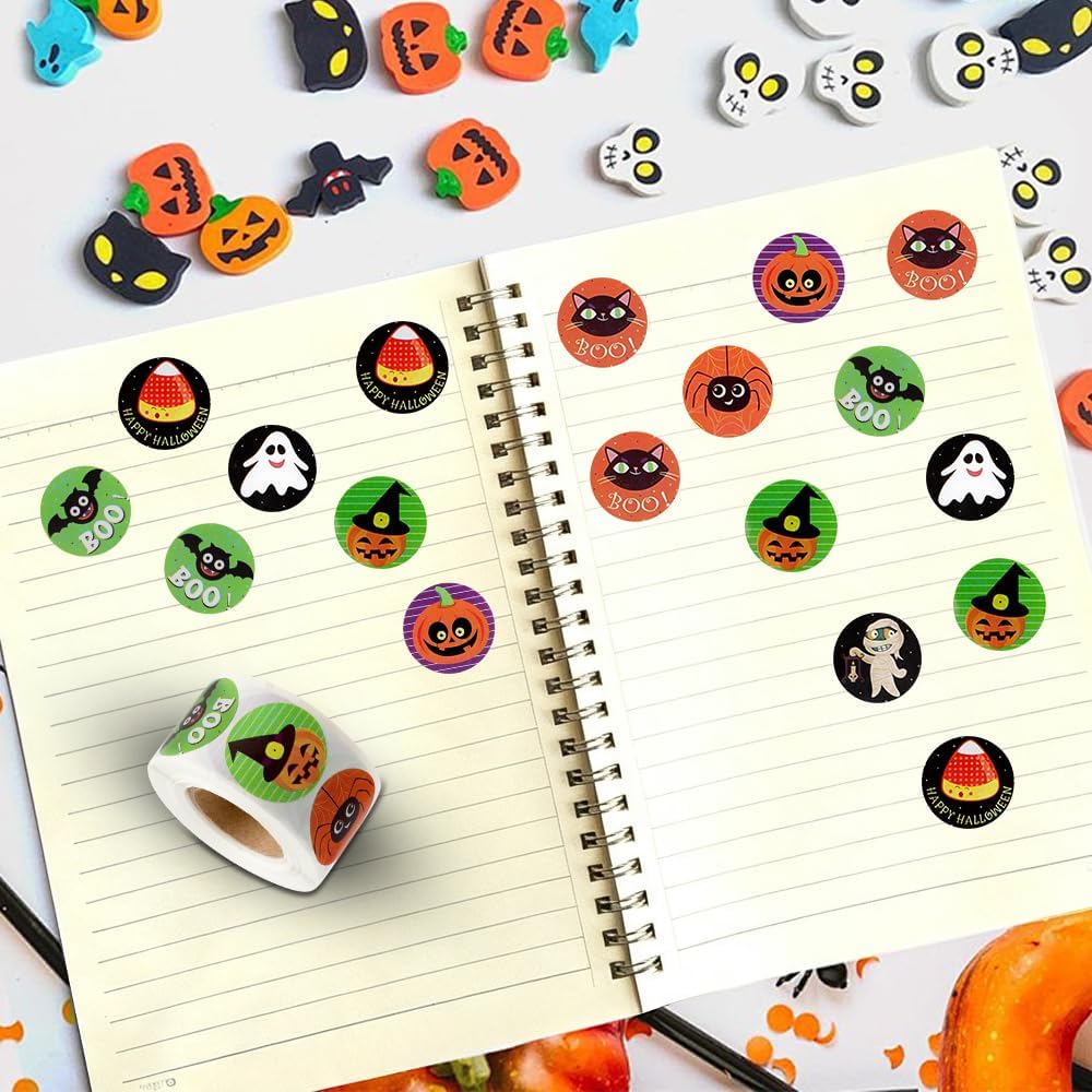Halloween Stickers for Adults, 500PCS Round Happy Halloween Roll, Self Adhesive Spider Pumpkin Bat Seals Label Sticker Decals for Cards Gift Envelopes Crafts Holiday Halloween Party Favors Decorations