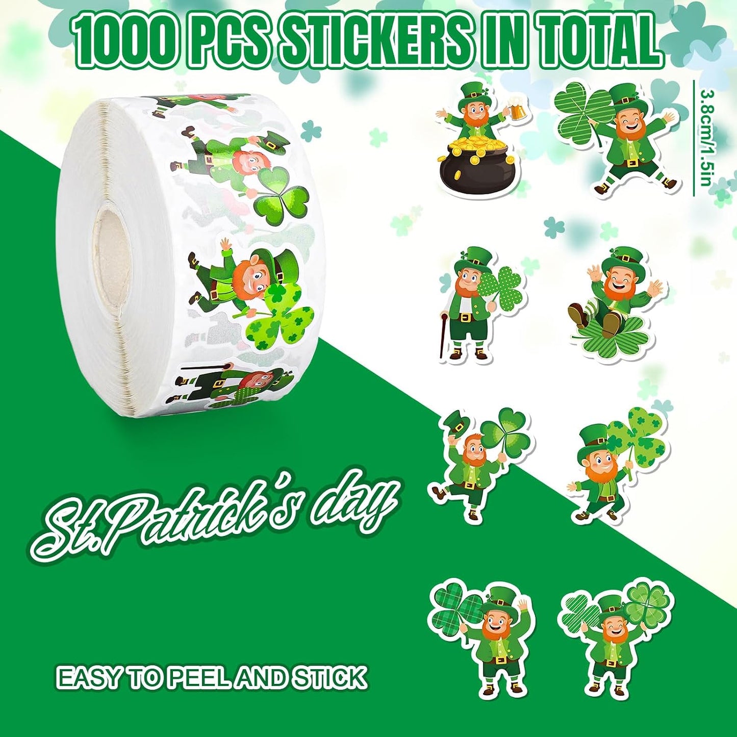 Whaline 1000 Pcs St. Patrick's Day Stickers Roll Cartoon Leprechaun Shamrock Clover Self-Adhesive Sticker Decals for Scrapbook Journal Decor Irish Holiday Party, 8 Designs