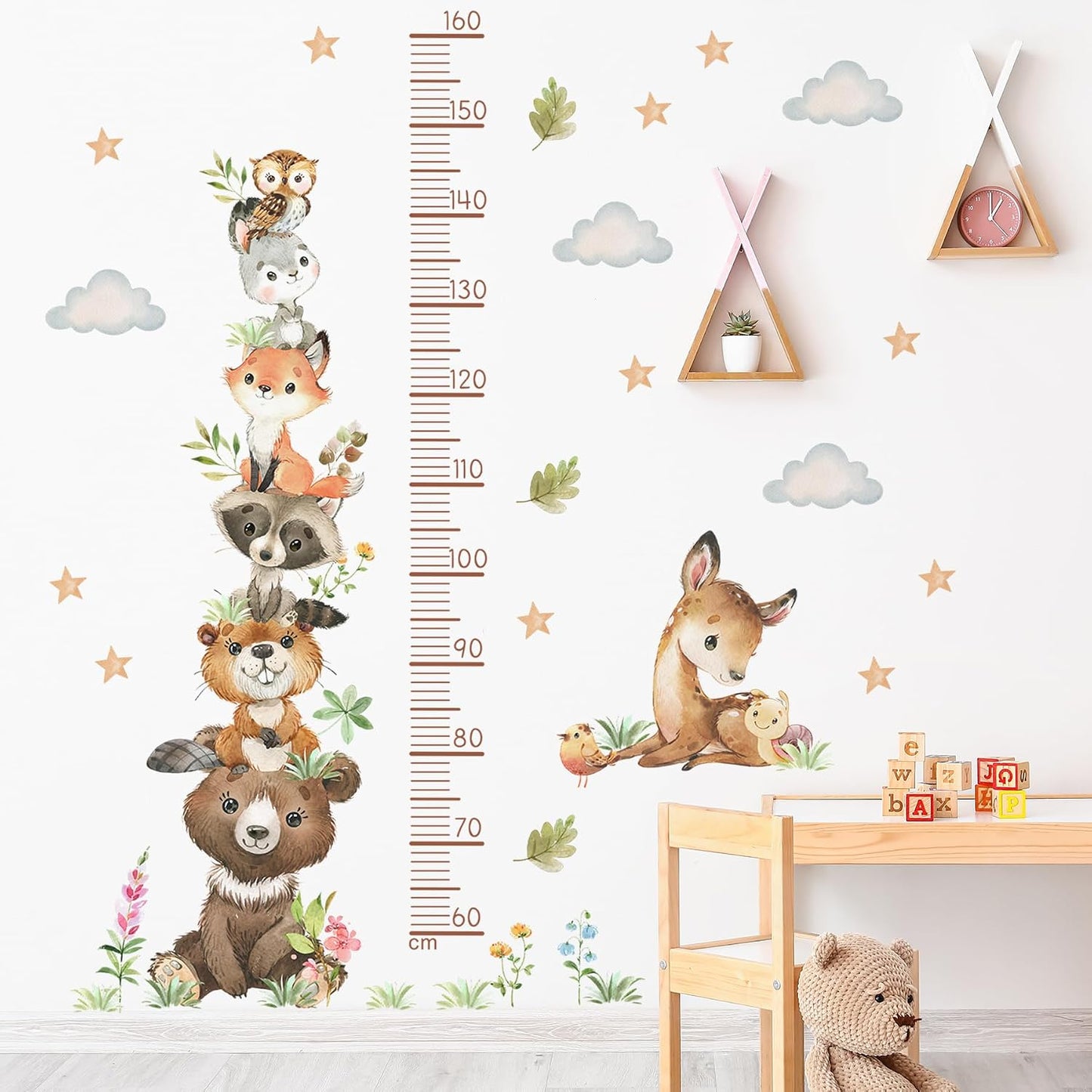 Cartoon Animal Height Growth Chart Wall Sticker for Kids Room Jungle Wild Animals Height Chart Measurement Wall Decals Removable White Clouds Star Garden Plants Grass Wall Murals for Kids Nursey Decor