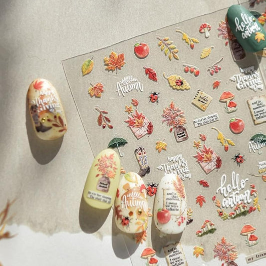 Maple Nail Stickers Leaf Mushroom Nail Decals 3D Self-Adhesive Boots Envelope Nails Designs 5D Embossed Animals Plants Insects Nails Supplies for Women Holiday DIY Manicure 1 Sheet