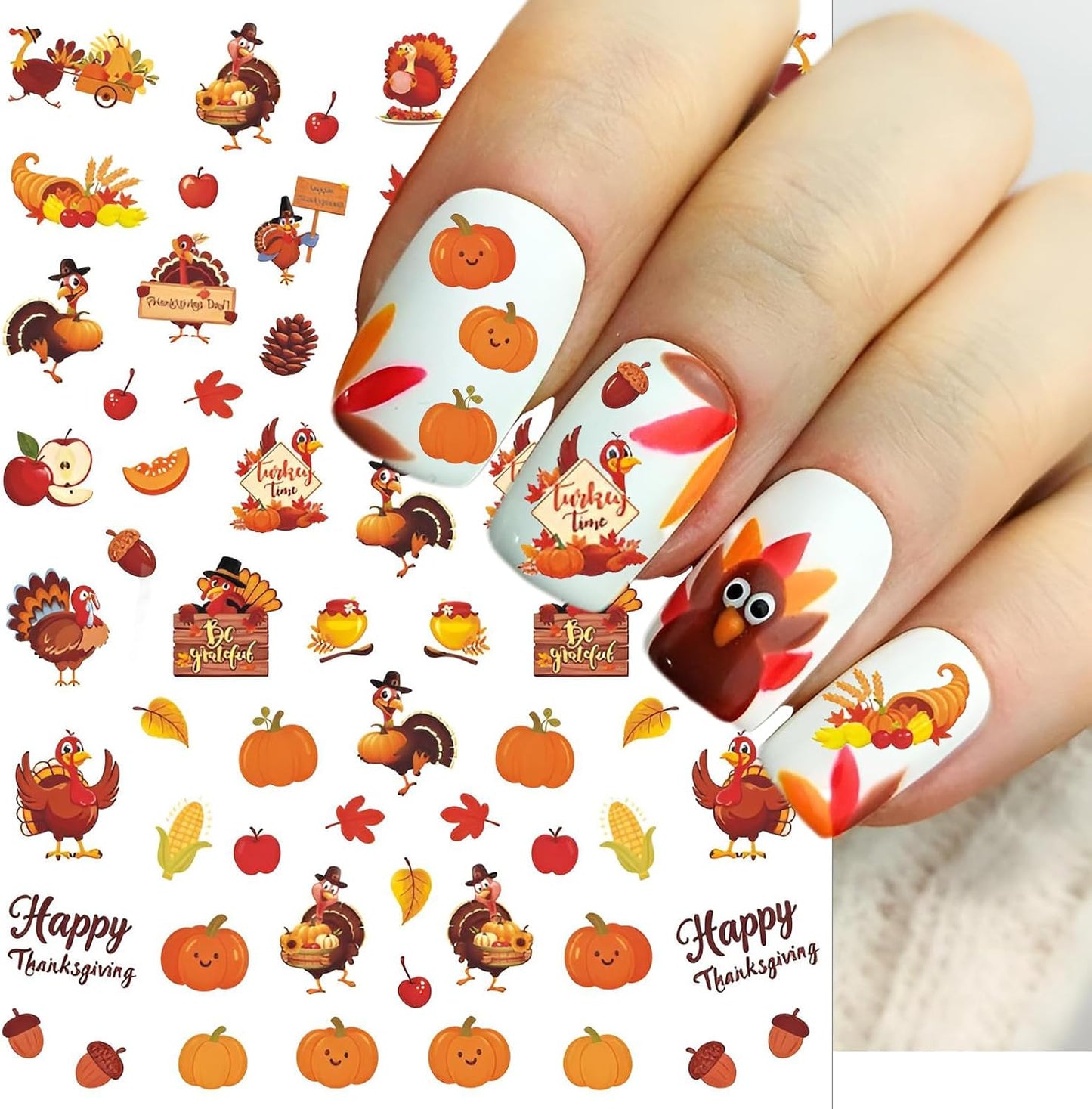 4 Sheets Thanksgiving Nail Stickers, Fun Party Props Dessert Turkey Decals