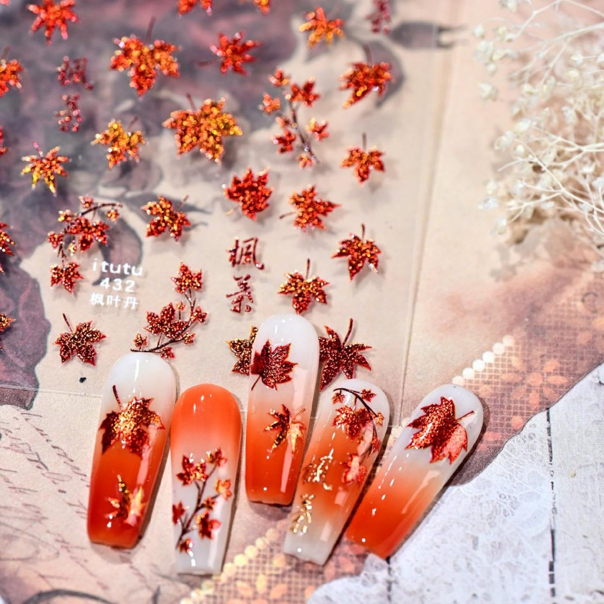 Maple Nail Stickers Leaf Mushroom Nail Decals 3D Self-Adhesive Boots Envelope Nails Designs 5D Embossed Animals Plants Insects Nails Supplies for Women Holiday DIY Manicure 1 Sheet