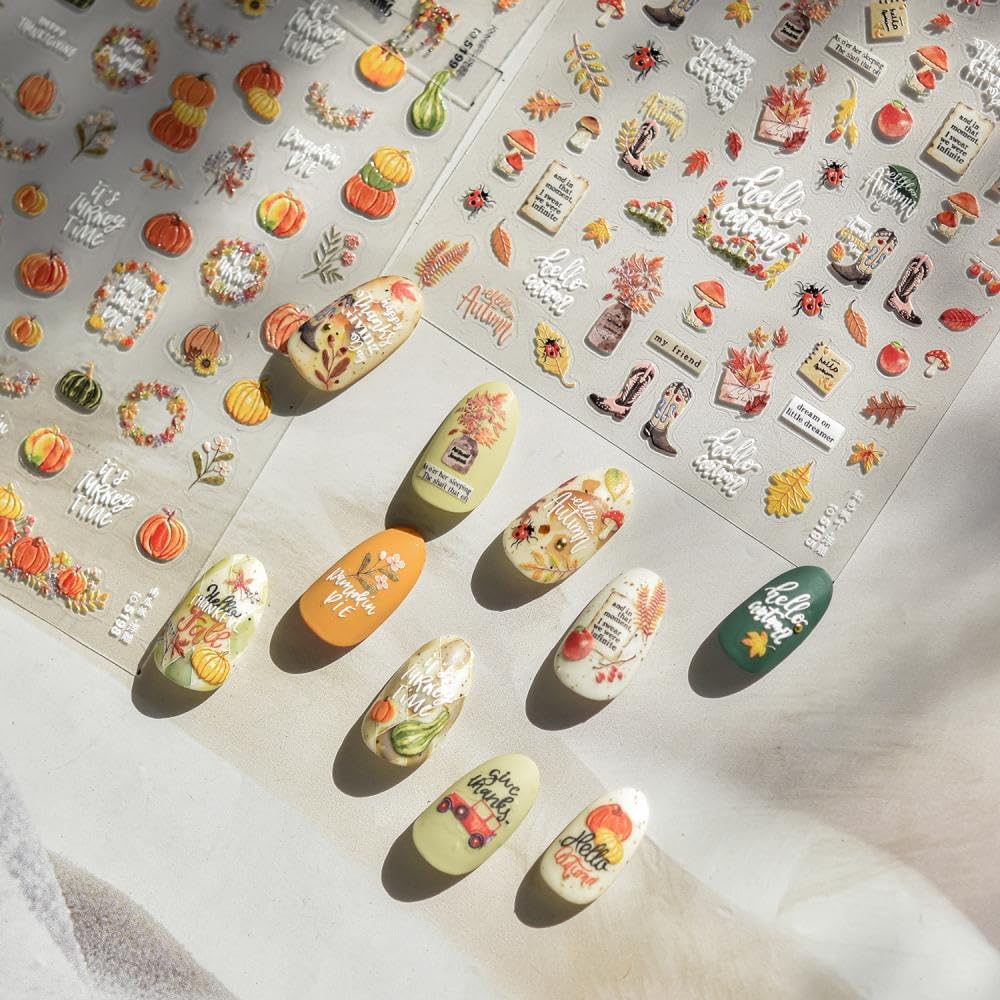 Maple Nail Stickers Leaf Mushroom Nail Decals 3D Self-Adhesive Boots Envelope Nails Designs 5D Embossed Animals Plants Insects Nails Supplies for Women Holiday DIY Manicure 1 Sheet