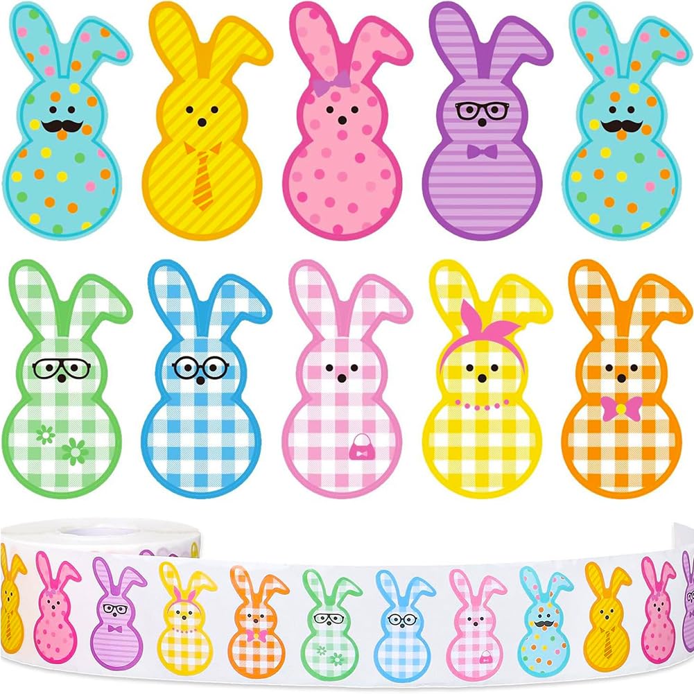 500Pcs Easter Stickers 1.2in Spring Happy Easter Bunny Stickers Roll 9 Designs Waterproof Self-Adhesive Rabbit Sticker for Holiday Party Envelopes Scrapbook Decorations Supplies