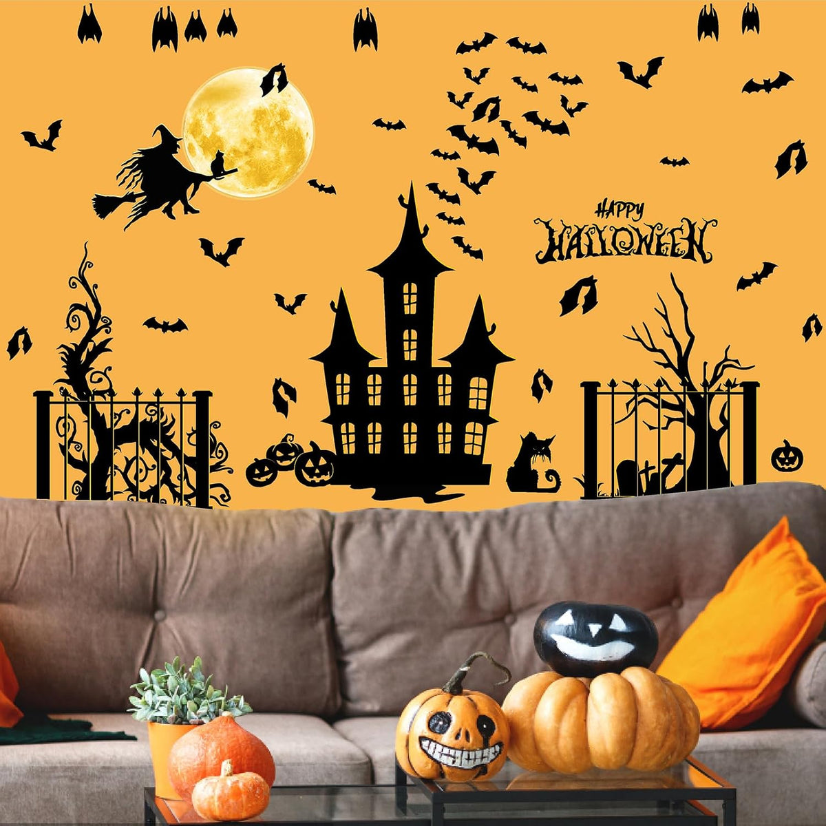 Halloween Moon Bat Wall Decals Witch Haunted House Tree Wall Stickers Decor
