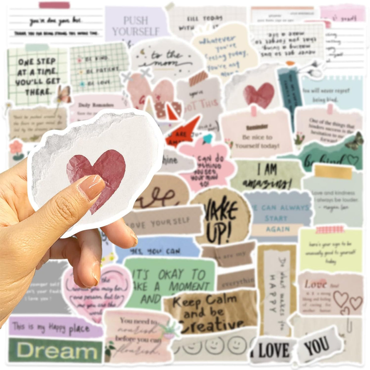 50PCS Aesthetic Positive Quote Stickers, Waterproof Vinyl Motivational Text Decals for Scrapbooking, Journaling, Water Bottles, Laptops, Envelopes, Inspirational Self-Love Stickers for Women