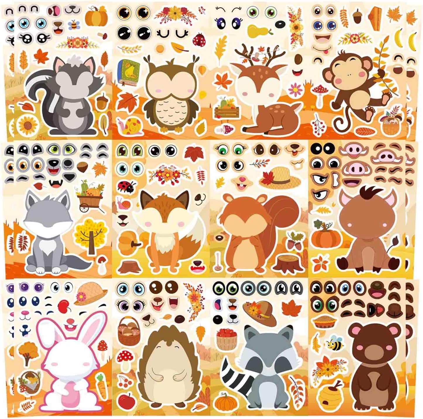 Fall Stickers for Kids Toddlers, Autum Animal Stickers Make-a-face Sticker