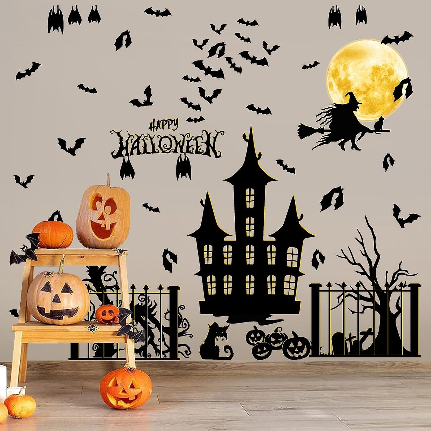 Halloween Moon Bat Wall Decals Witch Haunted House Tree Wall Stickers Decor