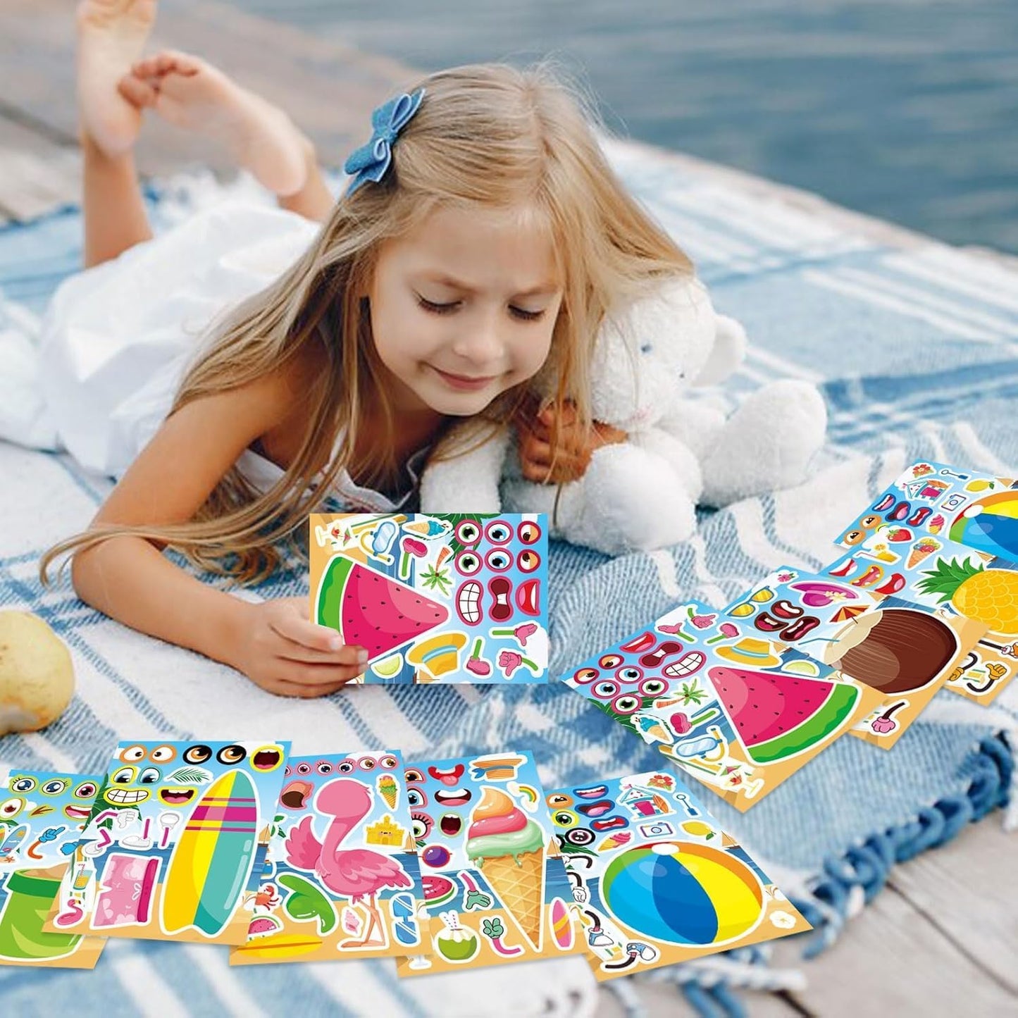 32 Sheets Summer Stickers for Kids, Make a Face Sticker Hawaii Tropical Pool Beach Stickers, Make Your Own Watermelon Pineapple Flamingo Sticker for Tropical Luau Party, Summer Holiday Party Favors