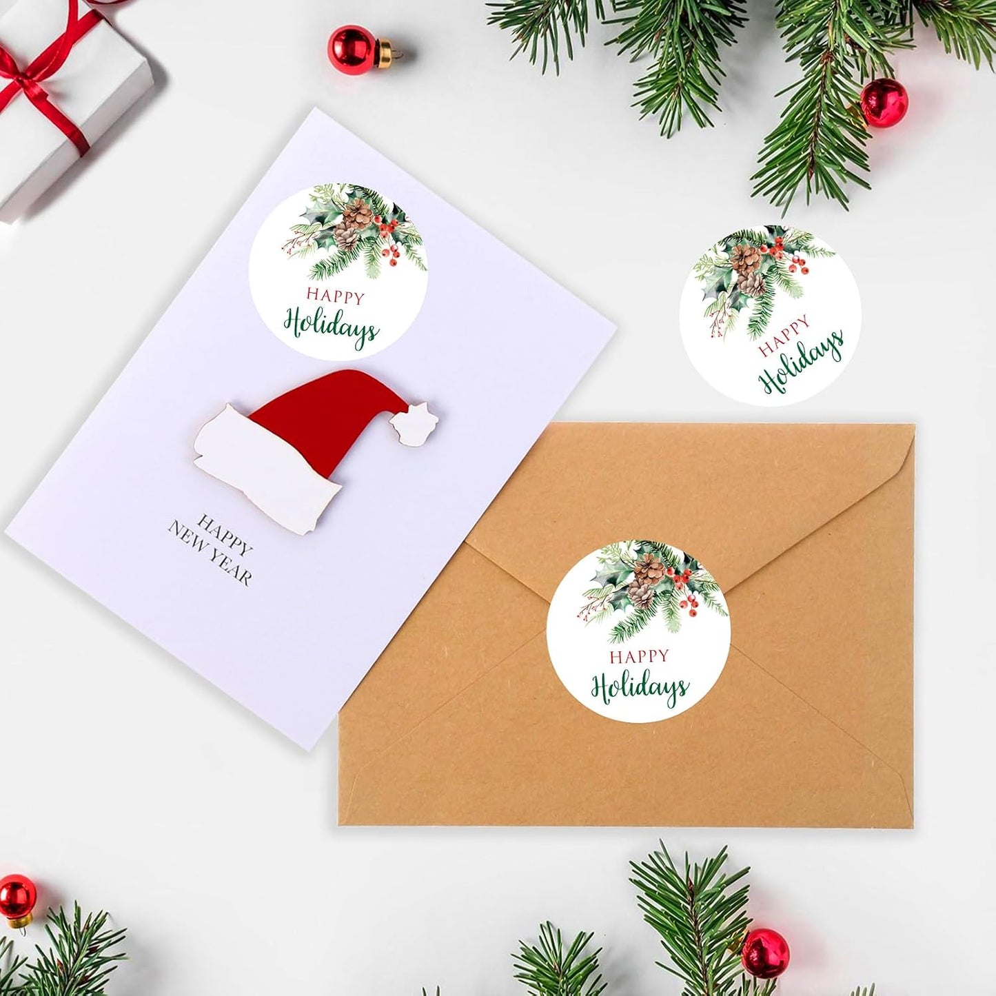 G2PLUS Happy Holiday Stickers - 120 Pcs Christmas Holiday Stickers, 2'' Round Xmas Holly Berry Labels Winter Seasonal Envelopes Seals
